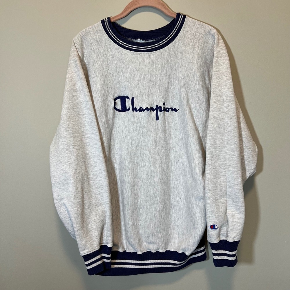 Champion Reverse Weave Sweatshirt Heather Gray Navy Blue Script Logo L